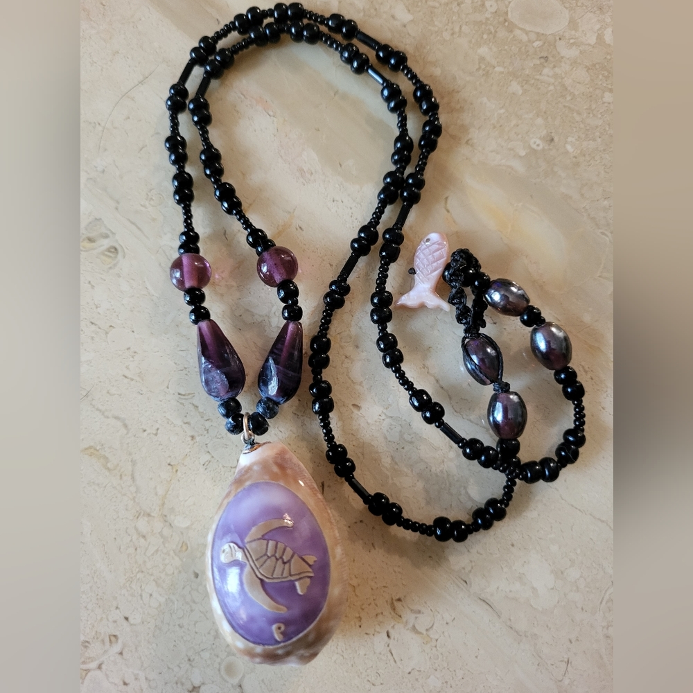 Hand Carved Sea Turtle Cowrie Shell Necklace Signed